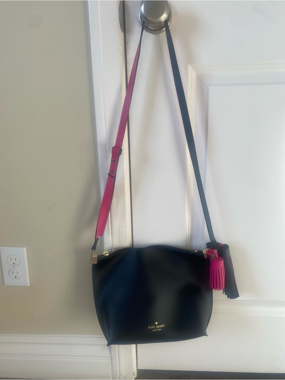 kate spade Black Crossbody Bag with Pink Strap and Tassel